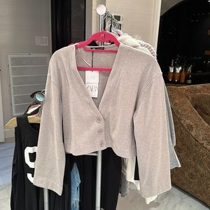 ZARA grey/tan wide sleeve button sweater